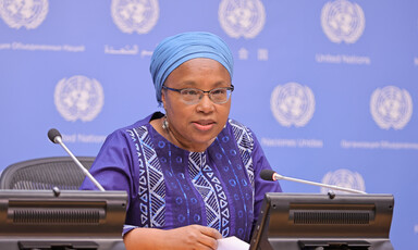 A woman sits at a table in front of wall adorned with the UN logo