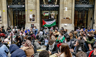 A sit-in by students at the entrance to the Paris university SciencesPo