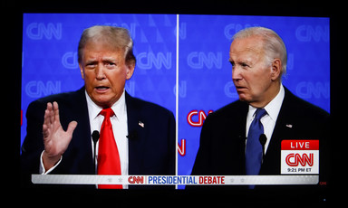 Presidential debate photo of a split screen with Donald Trump on left and Joe Biden on right