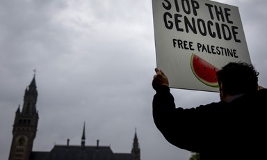 A man holds a sign saying "Stop the genocide: Free Palestine" outside the International Court of Justice