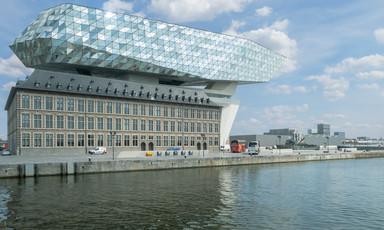 A building incorporating more than one style of architecture at a port in the Belgian city of Antwerp