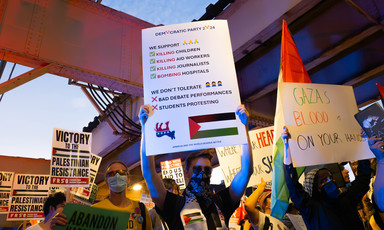 Man holds up sign with Palestine flag protesting the Democratic Party