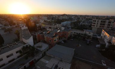 A sunset over a city