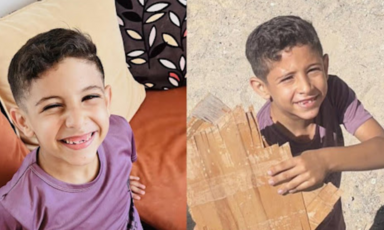 A young boy wearing a purple shirt smiles in two parallel images