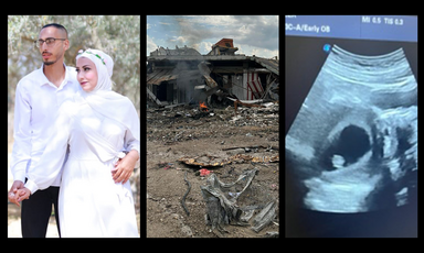 A composite photo shows a couple on their wedding day, a destroyed house and an ultrasound scan of a fetus 