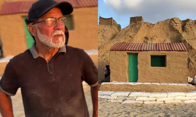 A split photo shows a man and his beachhut