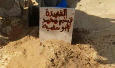 A makeshift gravestone placed atop soil, with the inscription: The Martyr Tasneem Muhammad Abu Salmiya. 