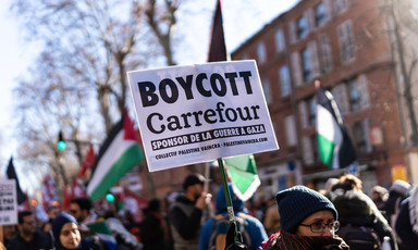 Woman carries sign as others behind her hold Palestinian flags and signs