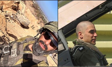  Collage shows an Israeli solider posing next to heavy equipment and an Israeli pilot in a cockpit.