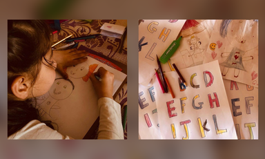 A composite shows a child drawing and a sheet with the English alphabet. 