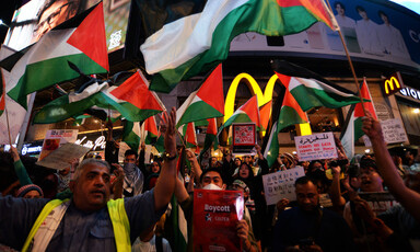 Palestinian flags waved by protesters obscure a McDonald's logo. 