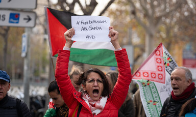 A woman holds aloft a sign calling to free Dr. Hussam Abu Safiya as other protesters join her