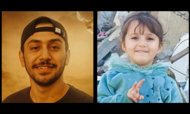 Two portrait photos side by side, a young man wearing a backward baseball cap and a toddler in a blue jumper smiling