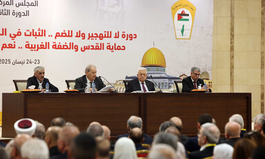 Mahmoud Abbas speaks at a conference
