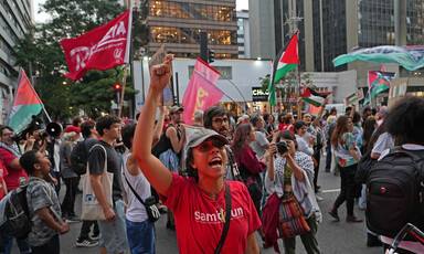 A woman holds her hand during a Palestine protest