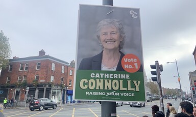 A poster on a lampost in Dublin which reads Catherine Connolly Raising Your Voice 