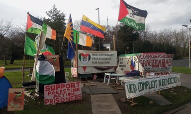 Various flags and signs protesting at cooperation between University College Dublin and Israel