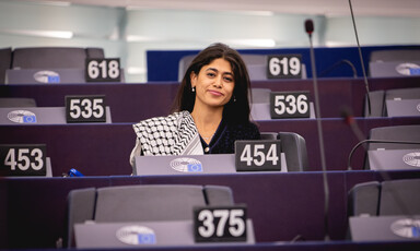 Elected representative Rima Hassan wears a checkered scarf or kuffiyeh as she sits at a desk numbered 454 and bearing the European Parliament logo
